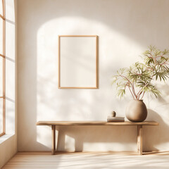 Neutral interior mockup with blank frame, wooden console and natural light. Empty frame on wall 