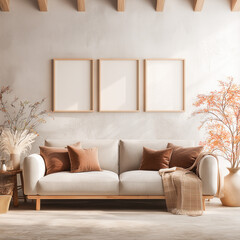 Cozy minimalist sofa interior with neutral tones and wall mockup. Three empty frames 