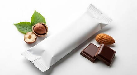 Blank white wrapper for a chocolate bar with hazelnuts and almonds, isolated on white background