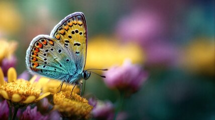 A close-up of a butterfly collecting nectar on a yellow flower
