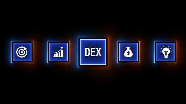 Glowing Neon Icons Representing Business Goals Financial Growth DEX Cryptocurrency Money Bag and Idea on Dark Background