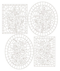 Set of contour illustrations in the style of stained glass with abstract flowers, dark outlines on a white background
