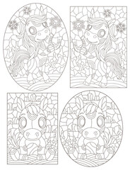 Set of contour illustrations in the style of a stained glass window with cute horses on a winter landscape background