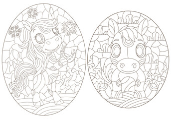 Set of contour illustrations in the style of a stained glass window with cute horses on a winter landscape background