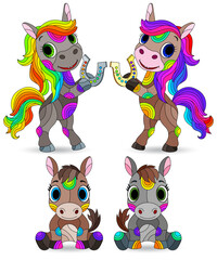 Set of illustrations in the style of a stained glass window with cute horses on a winter landscape background