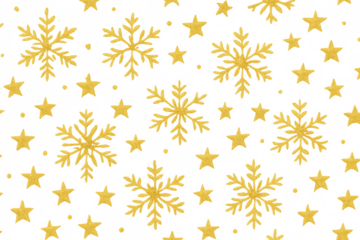 Golden snowflakes and stars creating a festive seamless pattern for winter holidays with transparent background