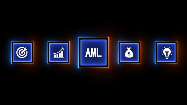 Anti- Money Laundering AML concept with glowing neon icons on dark background anti-money laundering