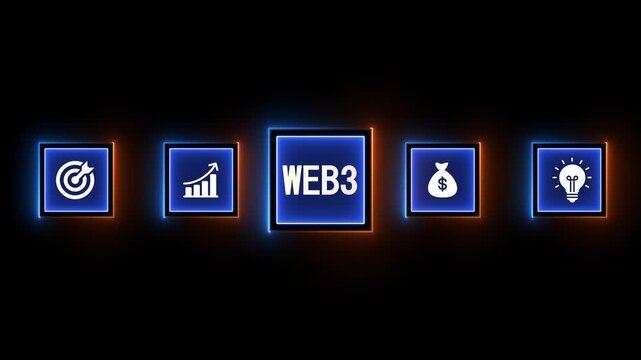 Web3 concept with glowing neon icons on dark background web 3 internet