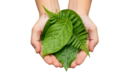 Cupped Hands Holding Fresh Green Leaves, Spa Wellness Concept