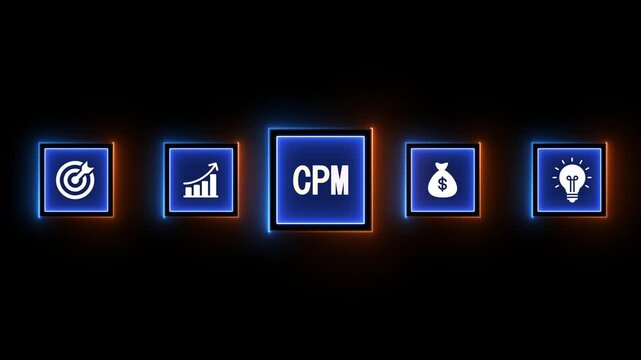 Digital marketing icons target graph money bag light bulb with CPM in center on dark background cost per mille