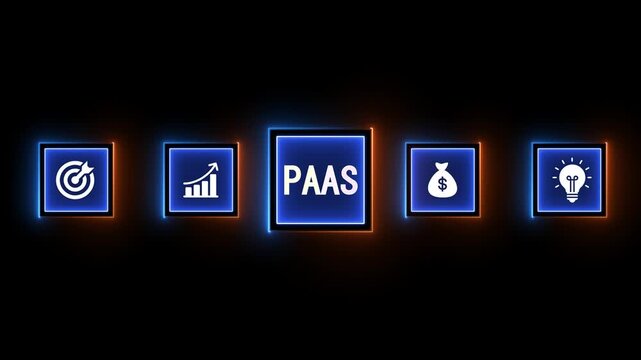 Illuminated Icons for Business Goals Financial Growth PAS Platform Money Bag and Idea Generation on Black Background