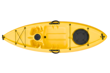 Yellow plastic recreational kayak with black handles and hatch isolated on a transparent background