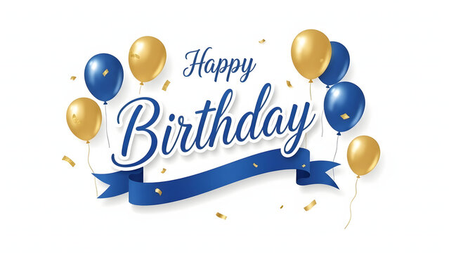 Happy Birthday typography with blue and gold balloons, ribbon and confetti isolated on white background