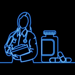 Female doctor standing near medicine bottle symbolizing healthcare and treatment icon neon glow vector illustration concept