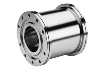 Stainless steel industrial flanged pipe fitting spool connector isolated on a transparent background