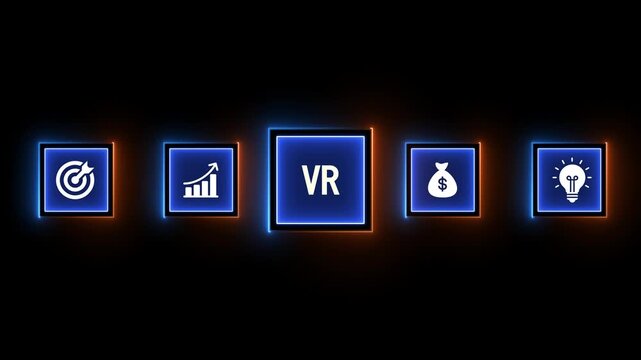 Virtual Reality VR Business Icons with Glowing Neon Borders on Black Background technology