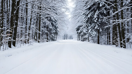 Snowy Forest Road Lined with Trees in Winter