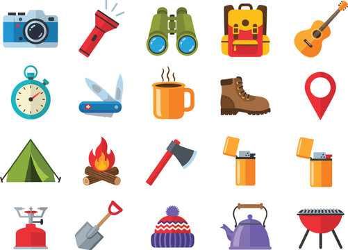 A vast collection of 20 colorful flat vector icons for outdoor camping, hiking, and travel, featuring a tent, campfire, camera, binoculars, cooking gear, and essential tools.