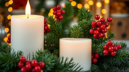 Two Lit Candles Surrounded by Christmas Greenery and Red Berries
