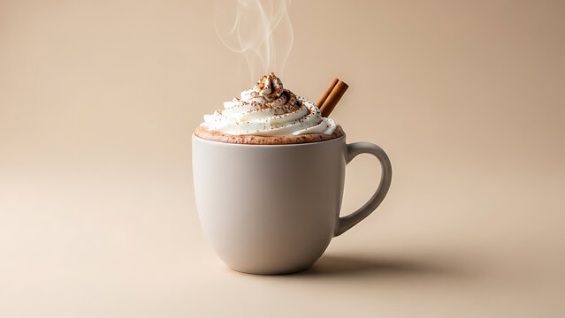 A steaming mug of hot chocolate topped with whipped cream and a cinnamon stick, perfect for a cold day. - Powered by Adobe