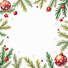 Festive Christmas Frame with Pine Branches, Red Ornaments, Holly Berries, and Snowflakes on White Background