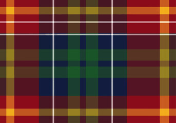 A seamless colorful plaid pattern with a vintage geometric design features a checkered textile fabric texture in a vibrant mosaic of pink, yellow, and orange square illustrations for retro wallpaper