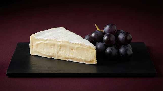 Realistic mousse cake shaped like a wedge of Brie cheese with grapes, creative trompe l'oeil dessert served on a black slate board