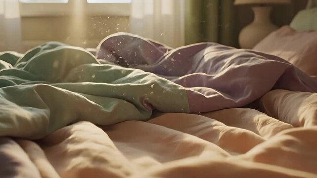 Cozy Morning Light - Unmade Bed in Soft Hues.