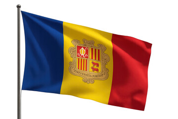 Flag of Andorra waving on a transparent background with pole detail.