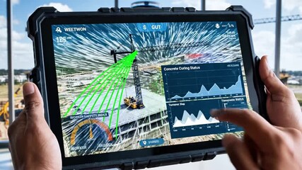 A construction worker views a digital overlay of a building site on a tablet - Powered by Adobe