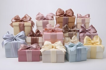 Obraz premium Luxury composition of satin ribbon bows and wrapped gift boxes in coordinated palette, studio light rims, arranged to leave a clear headline area