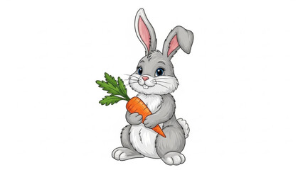 Obraz premium Gray Bunny Holding Carrot with Green Leaves