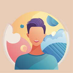 Artistic Portrait: A contemporary illustration of a smiling individual with a clean-cut hairstyle, set against a backdrop of a colorful abstract design.