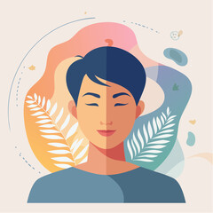 Serene Contemplation: An illustration of a calm person with closed eyes, set against an abstract backdrop of soft colors, reflecting peace and mindfulness. 