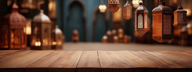 A wooden table with many lanterns hanging from it