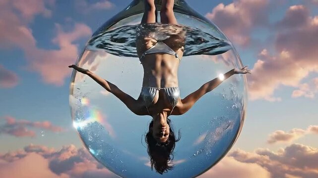Woman in Silver Bikini Upside Down in Water Drop in Sky