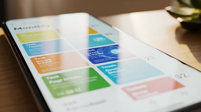 Smartphone App Interface on Wooden Table with Succulent Plant.