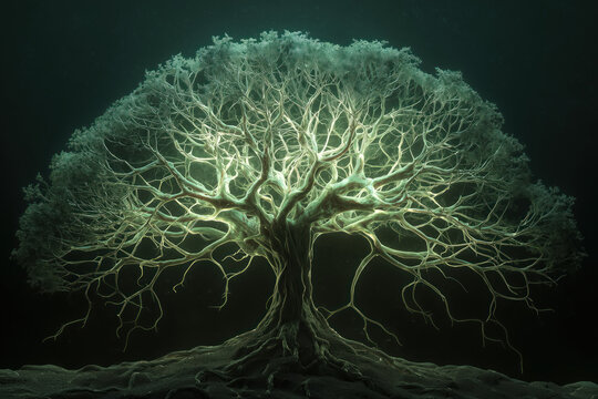 glowing mystical ancient tree and root system on dark background