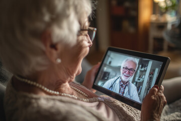senior woman video conferencing with her doctor on a tablet