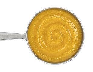 Ladle with pumpkin cream soup isolated on white background, top view