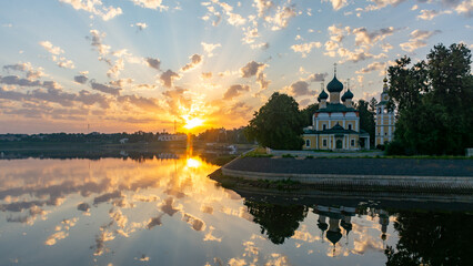 The Cathedral building in the rays of the rising sun in the Kremlin of the city of Uglich on the banks of the Volga River.