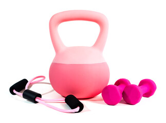 A set of pink home workout equipment isolated on a white background. Includes a kettlebell,...