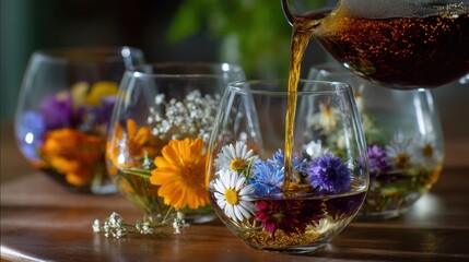 Fototapeta premium Tea is being poured into glasses filled with colorful flowers. The setting is bright showing a home atmosphere with a touch of nature. This is happening during the afternoon.