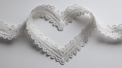 A white lace ribbon is shaped like a heart