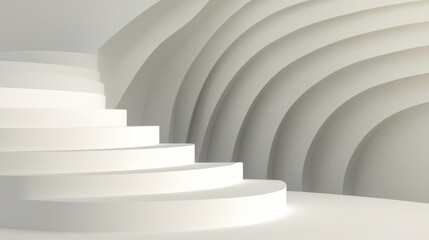 Naklejka premium Curved white stairs rise towards a smooth white wall. The space is bright and modern with clean lines and a minimalist design. The steps create a sense of movement and flow.