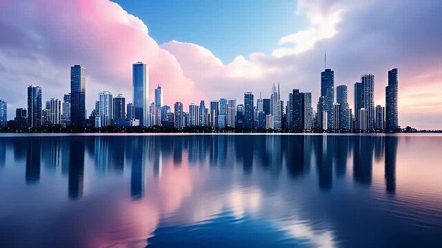 Stunning City Skyline at Sunset Reflecting on Water with Colorful Clouds in the Background
