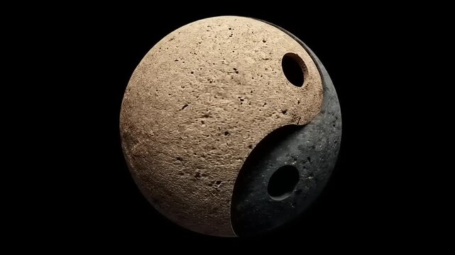 Abstract yin yang stone sphere with two holes in a dark setting