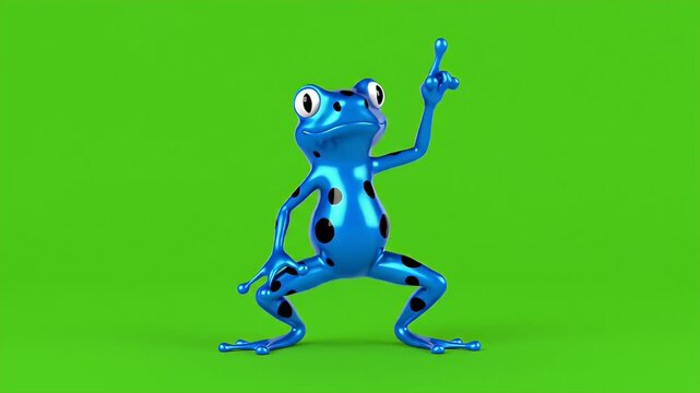 Vibrant blue frog captivatingly performs an energetic dance move, striking a lively pose with playful charm against a bright green screen background