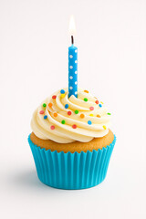 Birthday Cupcake with Candle and Colorful Sprinkles Isolated on White Background