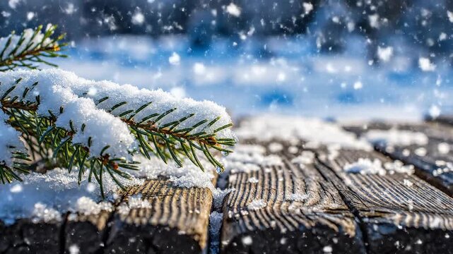 Pine branch in snow on weathered wooden deck with frosty morning light